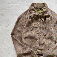 昭和レトロペイズリー柄長袖ロングスカートリボン付きベルト付きベージュ11号q1