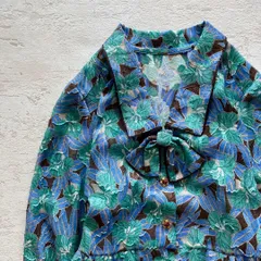 昭和レトロ花柄長袖ロングワンピース透け素材リボン付きフリーサイズブルーq1