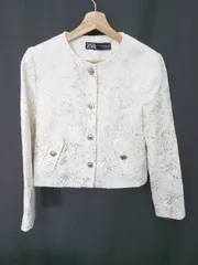◇ Θ ザラ ツイード調 総柄 ノーカラー 長袖 ジャケット サイズEUR M USA M MEX 28 ホワイト ゴールド系 レディース E  【1507100001252】