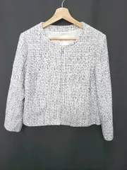 ◇ Θ KUMIKYOKU 組曲 ツイード調 長袖 ノーカラー ジャケット サイズ7 ホワイト ネイビー系 レディース E  【1507230001573】