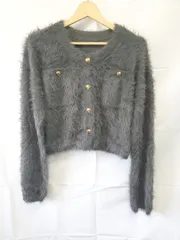 ◇ ⊇ Louere ルエレ ショート丈 長袖 シャギーニット カーディガン サイズM ダークグレー系 レディース E  【1507230001924】