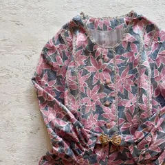 昭和レトロ花柄長袖ロングワンピースベルト付きグリーン系フリーサイズH2