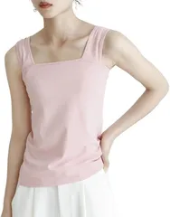 MowaLef タンクトップ ブラ紐隠し キャミソール レディース 綿100% インナー 脇高設計 胸元隠し 太め肩紐 スクエアネック 伸縮性 通気性 夏 (ピンク,  XL)