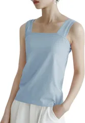 MowaLef タンクトップ ブラ紐隠し キャミソール レディース 綿100% インナー 脇高設計 胸元隠し 太め肩紐 スクエアネック 伸縮性 通気性 夏 (ライトブルー,  M)