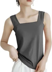 MowaLef タンクトップ ブラ紐隠し キャミソール レディース 綿100% インナー 脇高設計 胸元隠し 太め肩紐 スクエアネック 伸縮性 通気性 夏 (ダークグレー,  M)