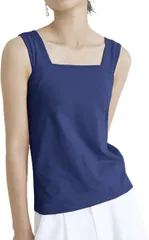 MowaLef タンクトップ ブラ紐隠し キャミソール レディース 綿100% インナー 脇高設計 胸元隠し 太め肩紐 スクエアネック 伸縮性 通気性 夏 (ネイビー,  L)