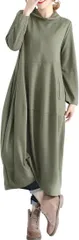 MowaLef レディース ワンピース ロング 長袖 Aライン 体型カバー ハイネック 無地 通勤 きれいめ ゆったり ルームウェア ワンマイル チュニック コクーンワンピ ミモレ丈 (グリーン,  M)