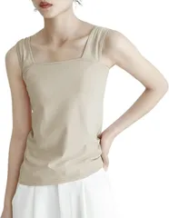 MowaLef タンクトップ ブラ紐隠し キャミソール レディース 綿100% インナー 脇高設計 胸元隠し 太め肩紐 スクエアネック 伸縮性 通気性 夏 (カーキ,  M)