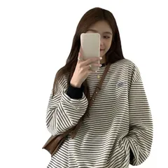 【新着商品】ゆったり ボーダー 大きいサイズ オーバーサイズ ロンT 韓国 カットソー レディース トップス シンプル Tシャツ 白黒 ラウンドネック XL・2XL】長袖 クルーネック ストライプ 【mistero】【M・L・ カジュアル