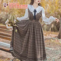 春秋新作 レディース レトロ学院風 チェック柄 ベストワンピース 長袖シャツ リボン 3点セット 重ね着風 大人可愛い 体型カバー