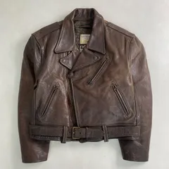 ヴィンテージ ダブルライダースジャケット レザージャケット　牛革　短丈　ベルト フランス製 ブラウン L相当
