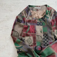 昭和レトロ渋かわ長袖ロングワンピースパターン柄ベルト付きフリーサイズaf