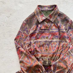 昭和レトロパターン柄長袖ロングワンピースはベルト付き総柄9号P1