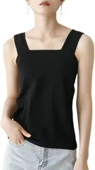 MowaLef タンクトップ ブラ紐隠し キャミソール レディース 綿100% インナー 脇高設計 胸元隠し 太め肩紐 スクエアネック 伸縮性 通気性 夏 (ブラック,  M)