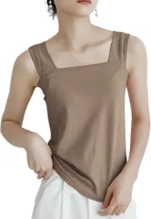 MowaLef タンクトップ ブラ紐隠し キャミソール レディース 綿100% インナー 脇高設計 胸元隠し 太め肩紐 スクエアネック 伸縮性 通気性 夏 (キャラメル,  M)