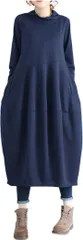 MowaLef レディース ワンピース ロング 長袖 Aライン 体型カバー ハイネック 無地 通勤 きれいめ ゆったり ルームウェア ワンマイル チュニック コクーンワンピ ミモレ丈 (ネイビー,  L)