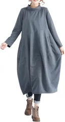 MowaLef レディース ワンピース ロング 長袖 Aライン 体型カバー ハイネック 無地 通勤 きれいめ ゆったり ルームウェア ワンマイル チュニック コクーンワンピ ミモレ丈 (グレー,  M)