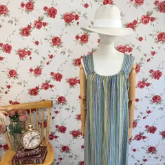 トルコ製 ストライプノースリーブワンピース ブルー×イエロー コットン　サマーストライプワンピース リゾートライク　ナチュラルワンピ