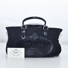 希少 PRADA ボーリングバッグ 黒色 ナイロン×レザー ミニボストン 白