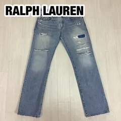 【メキシコ製】POLO RALPH LAUREN ポロラルフローレン ダメージ デニムパンツ ジーパン W30 L30 ライトインディゴ 革パッチ 刺繍ロゴ 総丈104cm ウエスト85cm 股上26cm 股下80.5bm ワタリ24cm 裾幅20cm【古着】