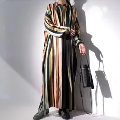 カラフルシャツワンピースストライプ長袖カジュアル個性的ゆったりロング丈ワンピースVネックモード長袖　落ち感　上品　レトロ