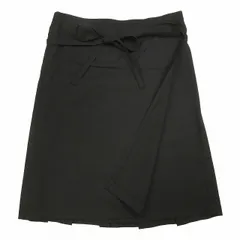 美品 マーガレットハウエル MHL. 前後2WAY ラップ プリーツ スカート ハーフ 膝丈 フレア リボン ウール ツイル ボトムス 2 黒 ブラック MHW0662 レディース