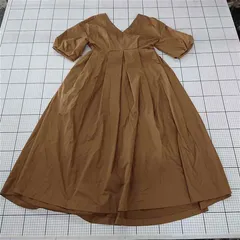 ◇ ⊂ N.O.R.C ノーク シンプル 無地 リボン Vネック 五分袖 ロング ワンピース サイズ2 キャメル系 レディース E  【1509180001351】