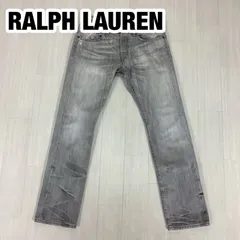 【メキシコ製】POLO RALPH LAUREN ボタンフライ ダメージ デニムパンツ ジーパン W30 L30 アッシュグレー 刺繍ロゴ 革パッチ 総丈103.5cm ウエスト85cm 股上25cm 股下79cm ワタリ23.5cm 裾幅19cm 【古着】