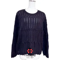 アースミュージック＆エコロジー レディース ニット セーター ラウンドネック 長袖 Fサイズ 洗える 透かし編み 黒 ブラック 春秋コーデ シンプル 上品 きれいめ 大人可愛い おしゃれ 普段使い 通勤 お出かけ 軽やか 柔らかい 美品