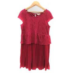 ハッシュアッシュ HusHusH ドッキングワンピース ひざ丈 半袖 ラウンドネック レース 無地 3 ボルドー /YK20 