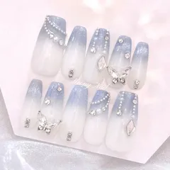 No.94オーダー♡量産型ワンホン韓国フレンチガーリースナ系蝶々ジェルネイルチップ ビジューマグネット