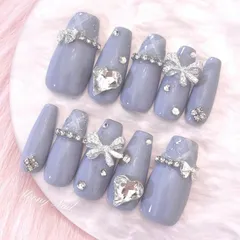 No.98オーダー♡量産型ワンホン韓国フレンチガーリースナ系リボンチェックネイルチップ ハートビジュー