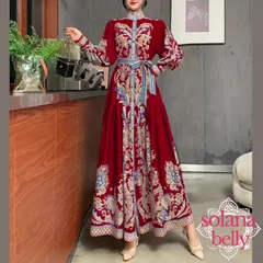 ベリーダンス　レディース　ガラベーヤワンピース　ロング　長袖　レッド　AP01130RD