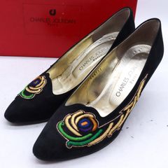 Charles Jourdan pumps, genuine leather, embroidered, brand shoes, black, women's size 6.5, black, CHARLES JOURDAN [Used]