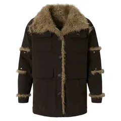 新品未使用 h 美式ヴィンテージ風 スタッズ装飾 ボア襟 コーデュロイ中綿コート 男女兼用 / 冬用 / 厚手 / アメリカ古着テイスト