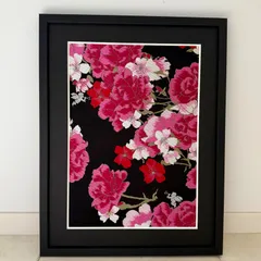 京都帯屋さん　フレーム入りシルク日本織物アート バラと天使　黒