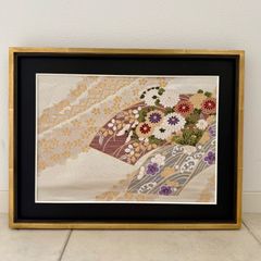 西陣織「招福千寿文」織物 細密刺繍 共箱 七福神 金富士 日本画 掛軸