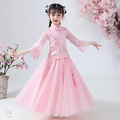子供用チャイナドレス 漢服キッズ女の子トップスとスカート中国宮廷風唐装チャイナ服 子ども服 古風 ハロウィン中華風コスチューム刺繍ダンス衣装 舞台服 上下セ
