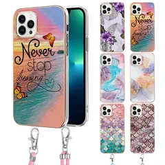 iPhone 12 Pro Max 背面ケース ストラップ付き 砂辺 貝殻 花柄 おしゃれ アイホン アイフォン 12 プロ マックス 携帯カバー スマホケース 耐衝撃 ソフト TPU