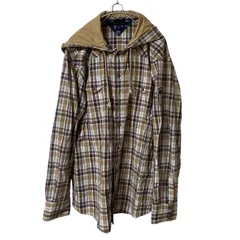 Z1573【美品】TOMMY HILFIGER トミーヒルフィガー フード付シャツ チェック柄 ベージュ サイズXL