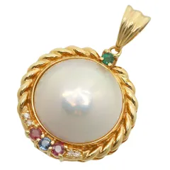 【本物保証】 鑑付 新品同様 ペンダントトップ 約5.7g K18YG マベパール約15.4ミリ ルビー サファイヤ エメラルド ダイヤ ノーブランド