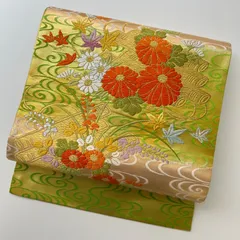 名古屋帯 唐織 流水に花 織り出し 九寸 正絹 着物 MA-812