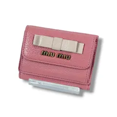 ミュウミュウ　MIUMIU ラブレター　コンパクトウォレット　三つ折り財布　マドラスレザー　ピンク　リボン