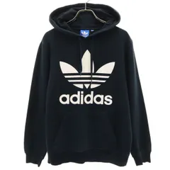 adidas アディダス トレフォイルロゴプリント 長袖 スウェットパーカー ブラック 裏起毛 プルオーバー メンズ 古着