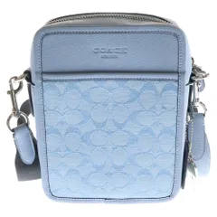 COACH (コーチ) ネームタグ付 シグネチャーロゴ レザー切替キャンバスショルダーバッグ ライトブルー