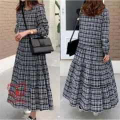 ロングワンピース 冬 春 レディース ワンピース 長袖 ロング丈 aラインワンピース 黒 チェック 体型カバー ゆったり シンプル 上品 大人 マ
