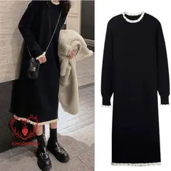 ニットワンピース ワンピース レディース ロング 膝下 春 秋 冬 長袖 フリル袖 おしゃれ きれいめ ゆったり かわいい 着やせ 20代 30代 40