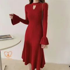 ワンピース レディース 前後2WAY ニットワンピース ハイネック 無地 秋 冬 ロング ニットワンピ レイヤード リブニット ニット 長袖 カット