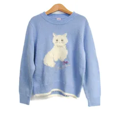 メゾピアノ セーター トップス 長袖 ネコ クルーネック ニット キッズ 女の子用 S(140)サイズ 水色×白 Mezzo Piano 【中古】