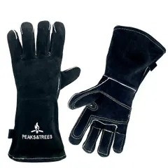 新品 PEAKS&TREES インナー手袋内蔵 アウトドア キャンプ 焚き火グローブ 耐熱 手袋 薪割り バーベキュー ダッチオーブン BBQ 溶接 作業用 牛革 ブラック 黒 【厚手インナー＆手袋内蔵】【耐久性もあるハードワークグローブ】 (単品)